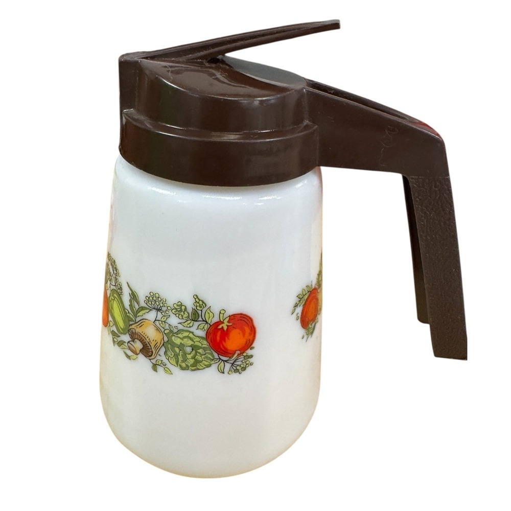 Vintage Gemco Pyrex Natures Bounty Milk Glass Syrup Dispenser Brown Lid USA